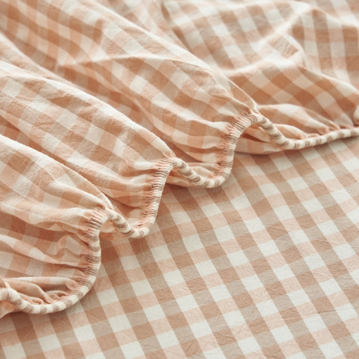 91家纺网 家纺一手货源 找家纺 早晨家纺 2025新款色织纯棉水洗棉床笠 粉小格