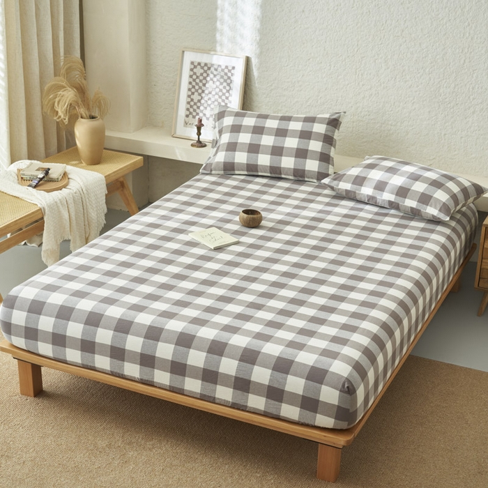 91家纺网 家纺一手货源 找家纺 早晨家纺 2025新款色织纯棉水洗棉床笠 灰中格