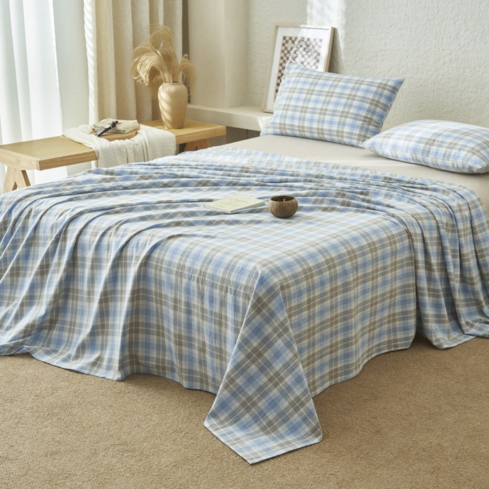 91家纺网 家纺一手货源 找家纺 早晨家纺 2025新款色织纯棉水洗棉床单 森迪-蓝