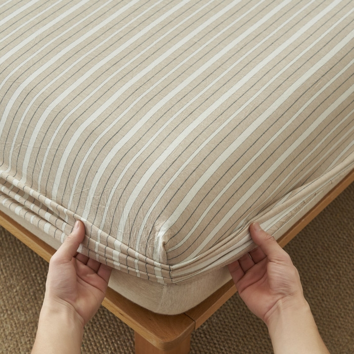 91家纺网 家纺一手货源 找家纺 早晨家纺 2025新款色织纯棉水洗棉床笠 雅诗-咖