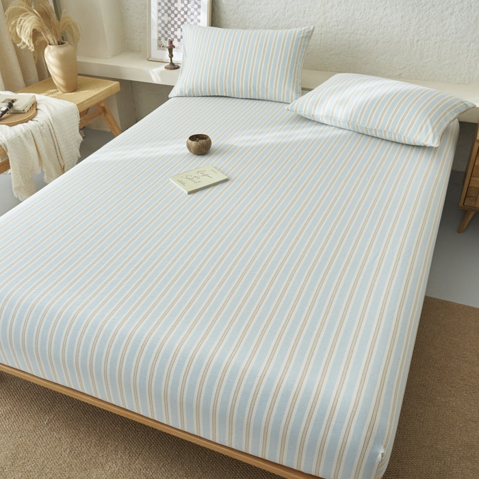 91家纺网 家纺一手货源 找家纺 早晨家纺 2025新款色织纯棉水洗棉床笠 科瑞-蓝