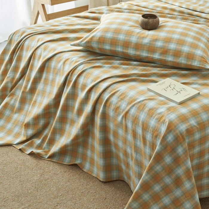 91家纺网 家纺一手货源 找家纺 早晨家纺 2025新款色织纯棉水洗棉床单 沐夏-桔