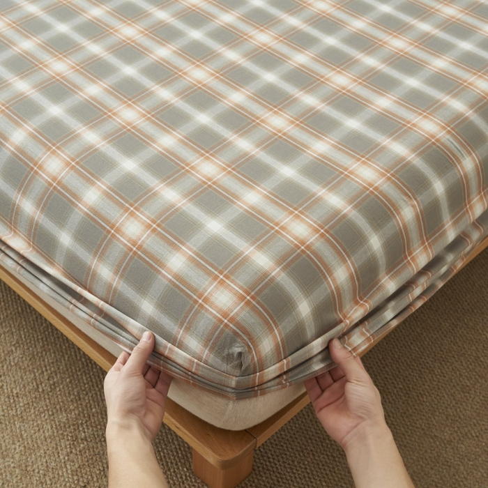 91家纺网 家纺一手货源 找家纺 早晨家纺 2025新款色织纯棉水洗棉床笠 洛卡-灰