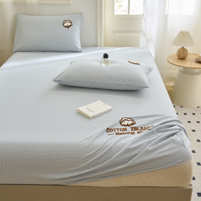 91家纺网 家纺一手货源 找家纺 早晨家纺 2025新款色织纯棉水洗棉毛巾绣床笠 星曜床笠-浅兰