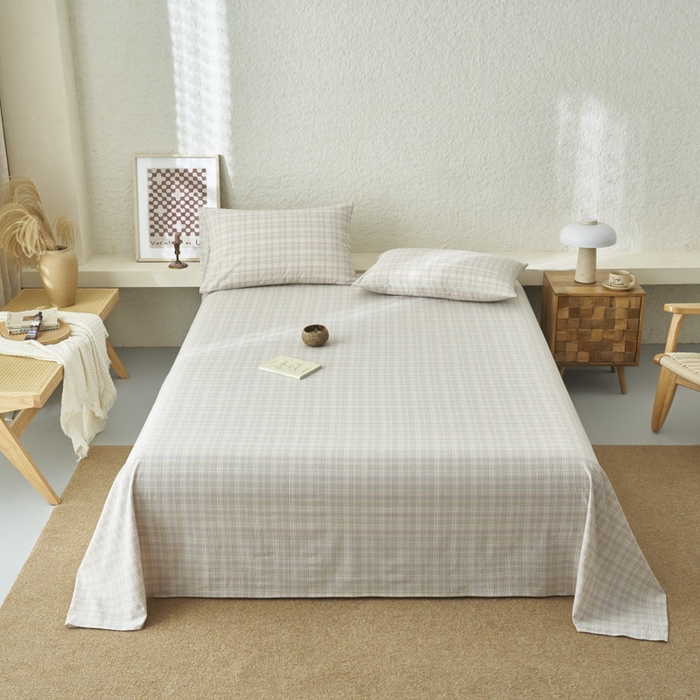 91家纺网 家纺一手货源 找家纺 早晨家纺 2025新款色织纯棉水洗棉床单 丛草集-粉