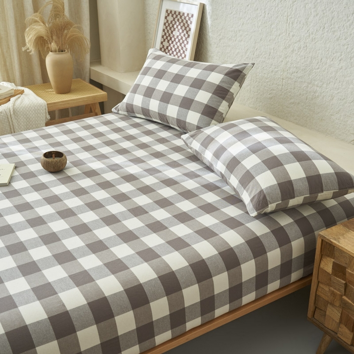 91家纺网 家纺一手货源 找家纺 早晨家纺 2025新款色织纯棉水洗棉床笠 灰中格