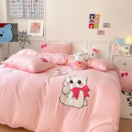 首尔家纺 2025新款云朵棉卡通毛巾绣四件套 白猫