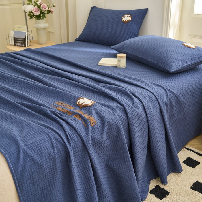 91家纺网 家纺一手货源 找家纺 早晨家纺 2025新款纯棉华夫格床单 纯棉华夫格床单-牛仔蓝