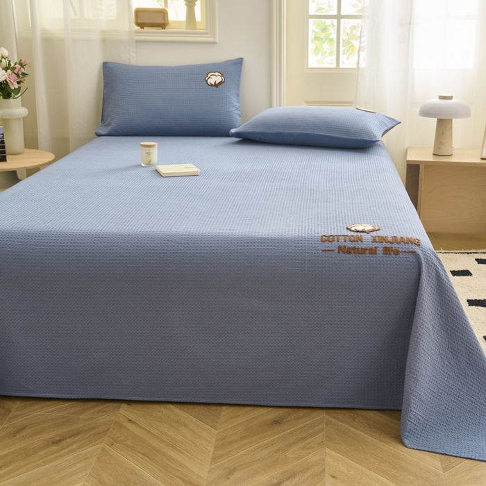 91家纺网 家纺一手货源 找家纺 早晨家纺 2025新款纯棉华夫格床单 纯棉华夫格床单-宾利蓝