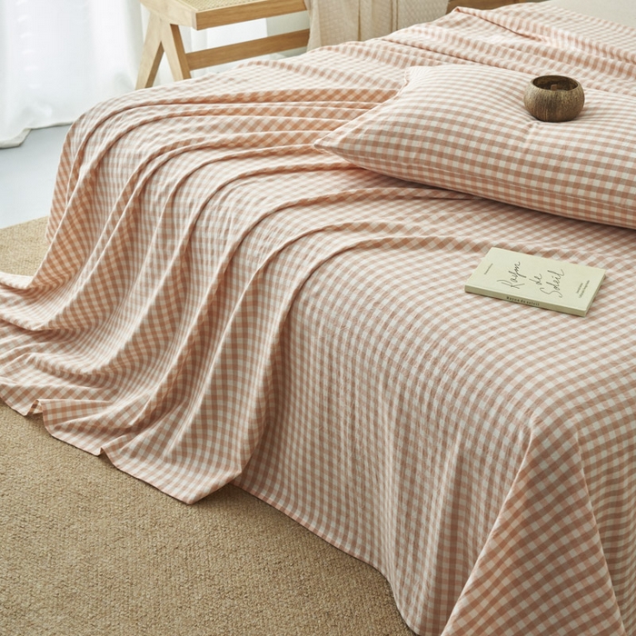 91家纺网 家纺一手货源 找家纺 早晨家纺 2025新款色织纯棉水洗棉床单 粉小格