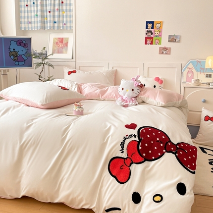 首尔家纺 2025新款云朵棉卡通毛巾绣四件套 蝴蝶结猫-白拼粉