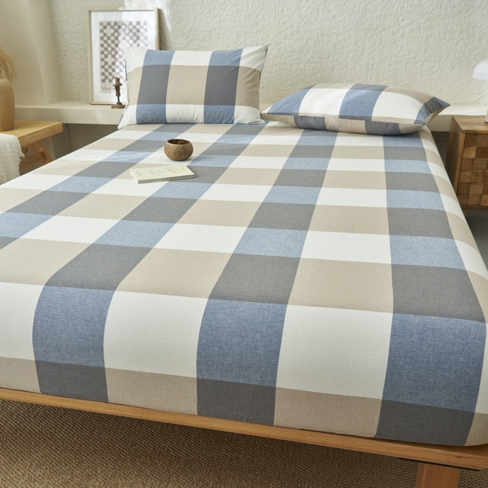 91家纺网 家纺一手货源 找家纺 早晨家纺 2025新款色织纯棉水洗棉床笠 蓝大格