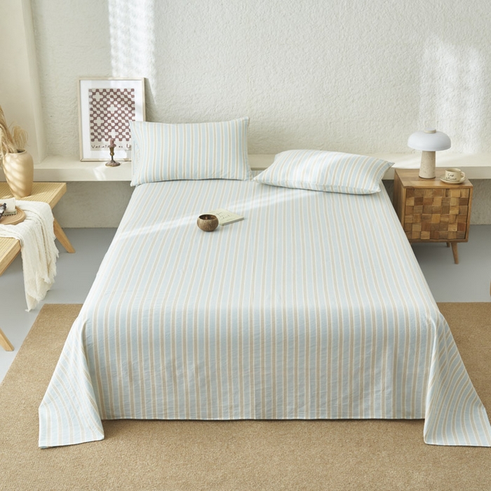 91家纺网 家纺一手货源 找家纺 早晨家纺 2025新款色织纯棉水洗棉床单 科瑞-蓝