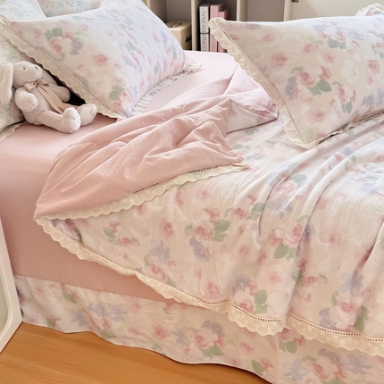 奥虎家纺 2025新款纯棉花边小竹棉夏被四件套 蔷薇