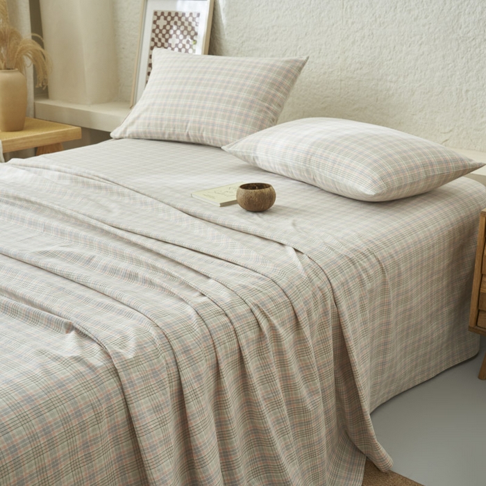 91家纺网 家纺一手货源 找家纺 早晨家纺 2025新款色织纯棉水洗棉床单 丛草集-粉