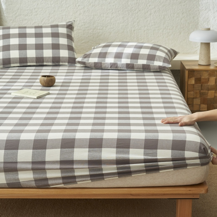 91家纺网 家纺一手货源 找家纺 早晨家纺 2025新款色织纯棉水洗棉床笠 灰中格