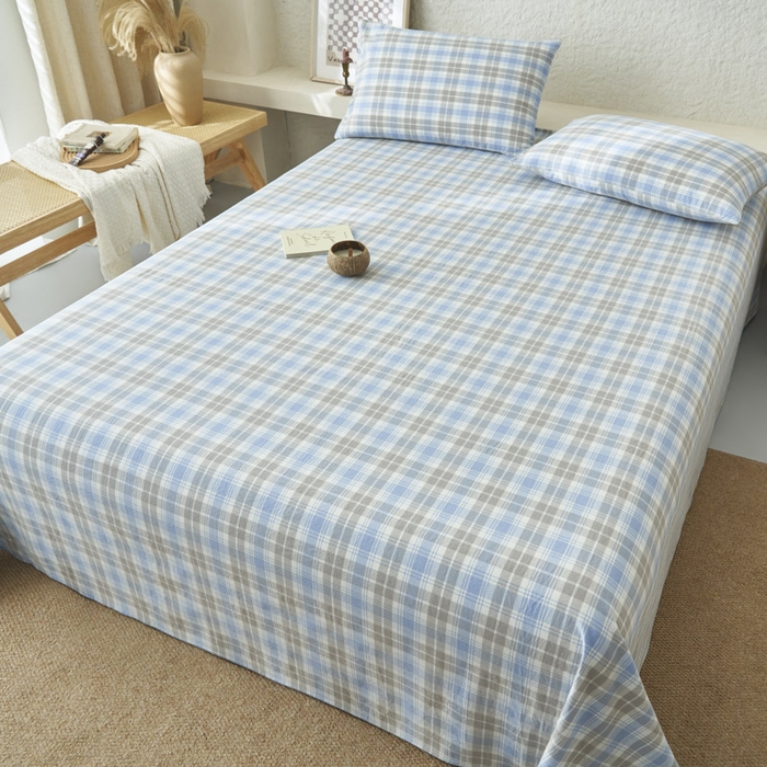 91家纺网 家纺一手货源 找家纺 早晨家纺 2025新款色织纯棉水洗棉床单 森迪-蓝