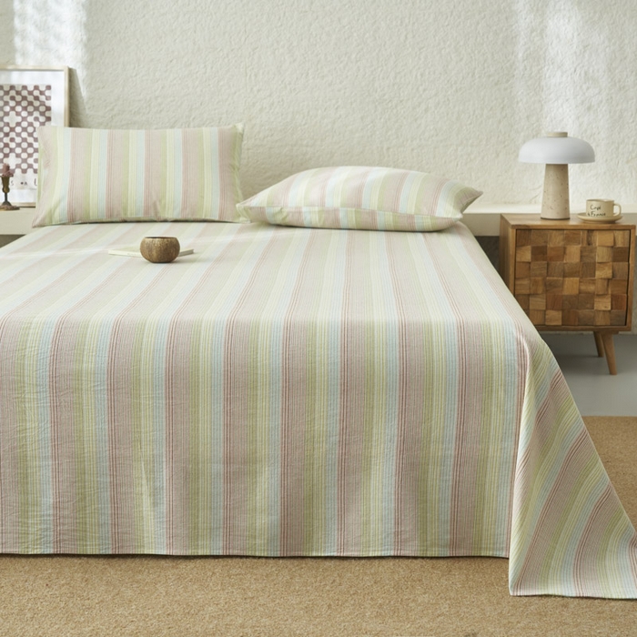 91家纺网 家纺一手货源 找家纺 早晨家纺 2025新款色织纯棉水洗棉床单 克鲁奇-绿