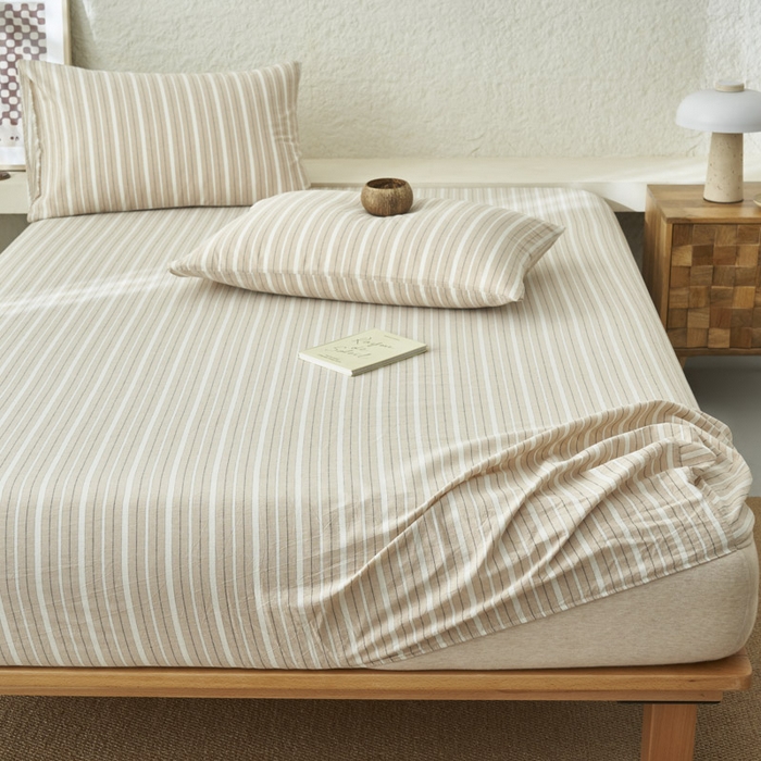 91家纺网 家纺一手货源 找家纺 早晨家纺 2025新款色织纯棉水洗棉床笠 雅诗-咖