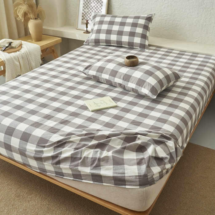 91家纺网 家纺一手货源 找家纺 早晨家纺 2025新款色织纯棉水洗棉床笠 灰中格