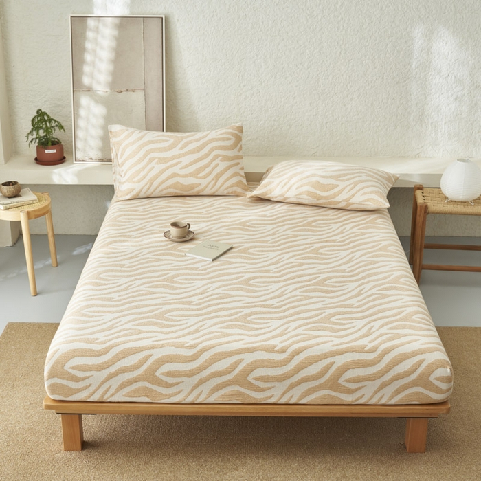 91家纺网 家纺一手货源 找家纺 早晨家纺 2025新款三层纱纯棉提花床笠 斑马纹床笠-驼色