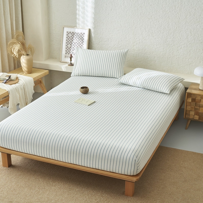 91家纺网 家纺一手货源 找家纺 早晨家纺 2025新款色织纯棉水洗棉床笠 格律时尚-浅兰