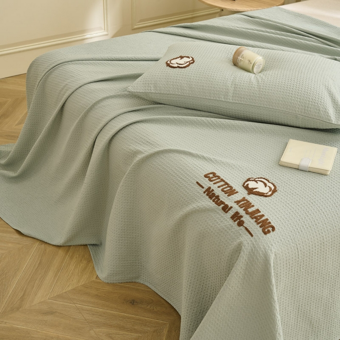 91家纺网 家纺一手货源 找家纺 早晨家纺 2025新款纯棉华夫格床单 纯棉华夫格床单-浅蓝