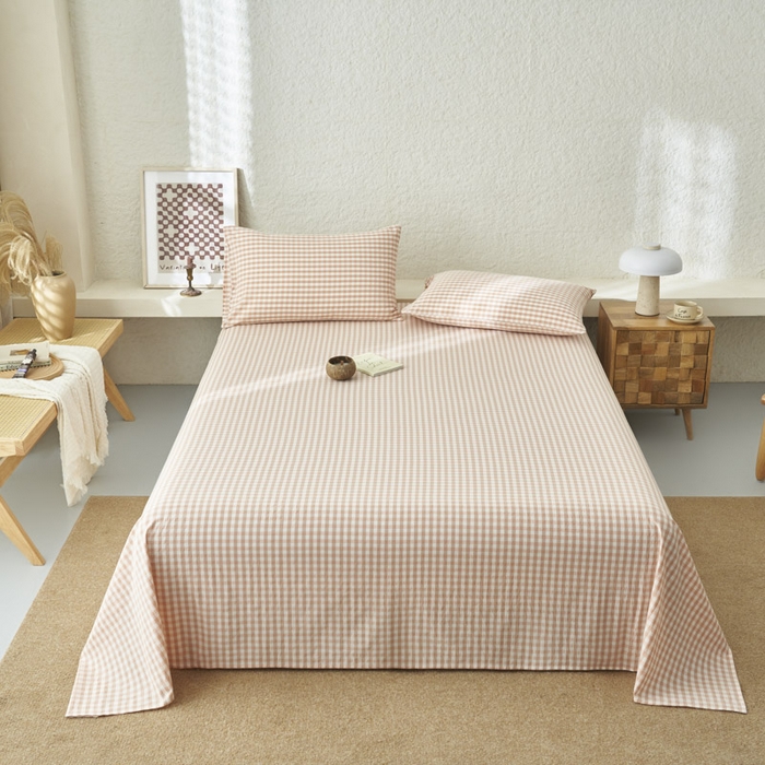 91家纺网 家纺一手货源 找家纺 早晨家纺 2025新款色织纯棉水洗棉床单 粉小格