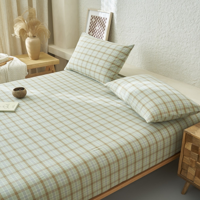 91家纺网 家纺一手货源 找家纺 早晨家纺 2025新款色织纯棉水洗棉床笠 梦雨-绿