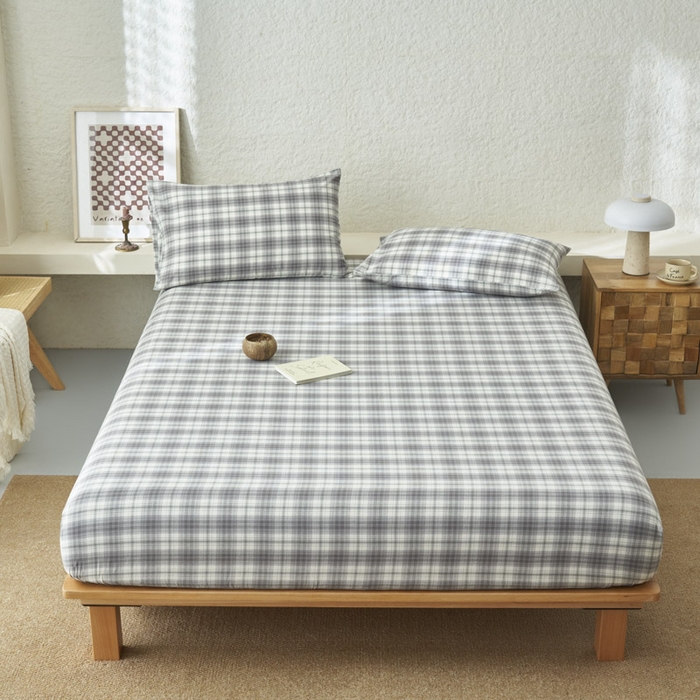 91家纺网 家纺一手货源 找家纺 早晨家纺 2025新款色织纯棉水洗棉床笠 轩尼诗-灰