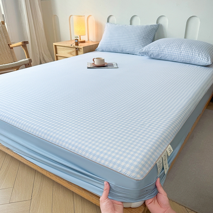 91家纺网 家纺一手货源 找家纺 笠裙家纺 2025新款进口凉感莱赛尔天丝床笠套三件套 美格蓝