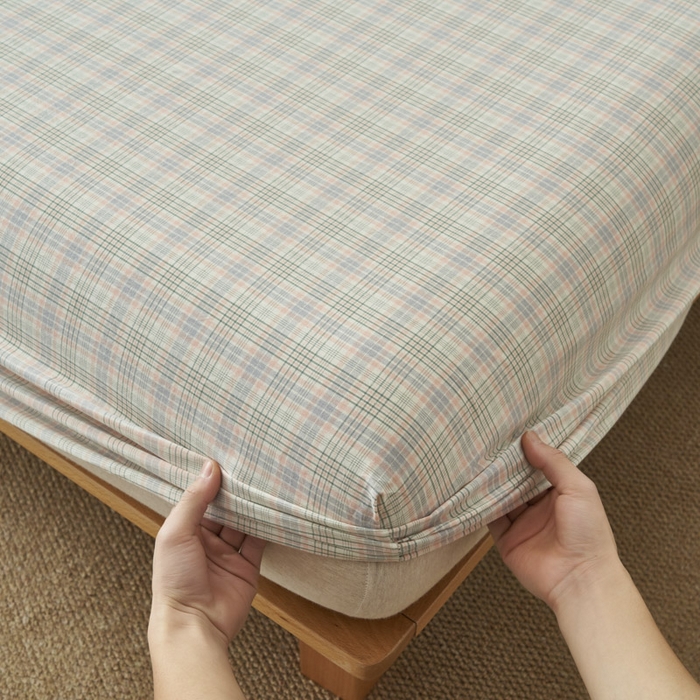 91家纺网 家纺一手货源 找家纺 早晨家纺 2025新款色织纯棉水洗棉床笠 丛草集-粉