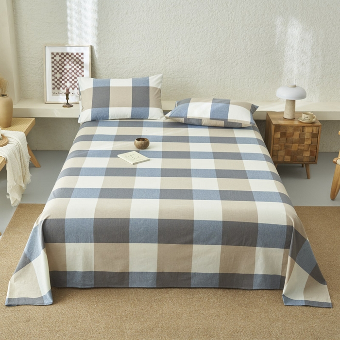 91家纺网 家纺一手货源 找家纺 早晨家纺 2025新款色织纯棉水洗棉床单 蓝大格