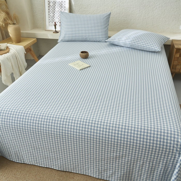 91家纺网 家纺一手货源 找家纺 早晨家纺 2025新款色织纯棉水洗棉床单 蓝小格