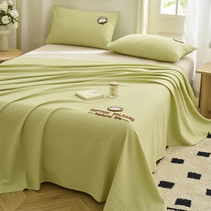 91家纺网 家纺一手货源 找家纺 早晨家纺 2025新款纯棉华夫格床单 纯棉华夫格床单-黄绿