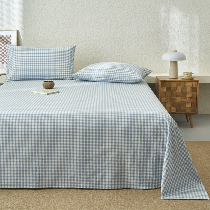 91家纺网 家纺一手货源 找家纺 早晨家纺 2025新款色织纯棉水洗棉床单 蓝小格