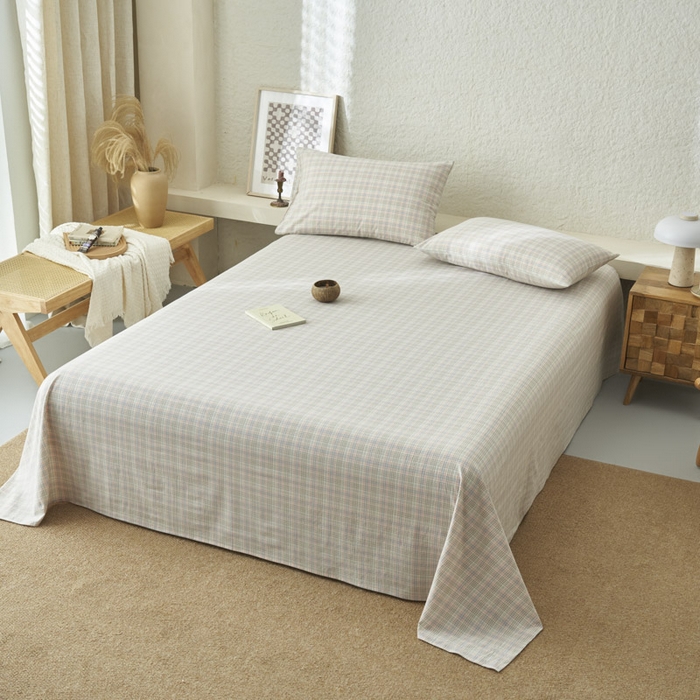 91家纺网 家纺一手货源 找家纺 早晨家纺 2025新款色织纯棉水洗棉床单 丛草集-粉