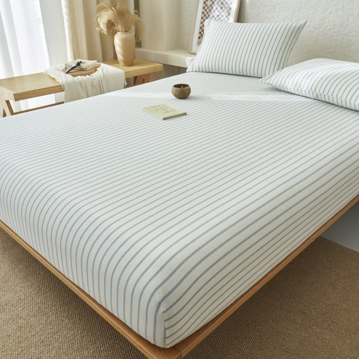 91家纺网 家纺一手货源 找家纺 早晨家纺 2025新款色织纯棉水洗棉床笠 格律时尚-浅兰