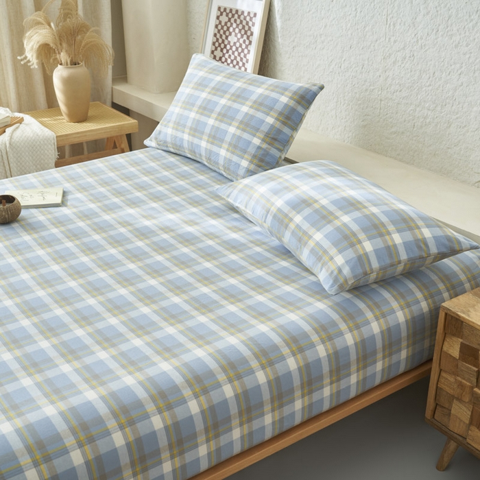 91家纺网 家纺一手货源 找家纺 早晨家纺 2025新款色织纯棉水洗棉床笠 简兮-蓝