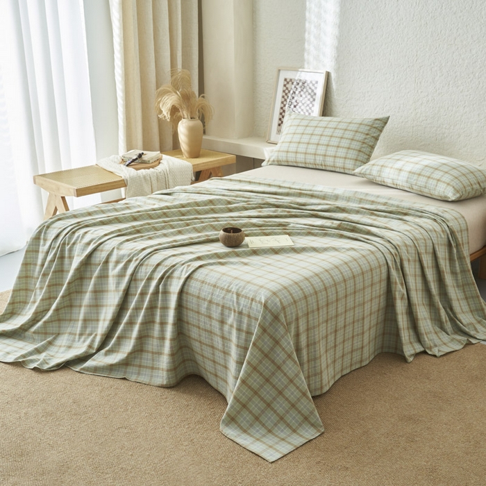 91家纺网 家纺一手货源 找家纺 早晨家纺 2025新款色织纯棉水洗棉床单 梦雨-绿