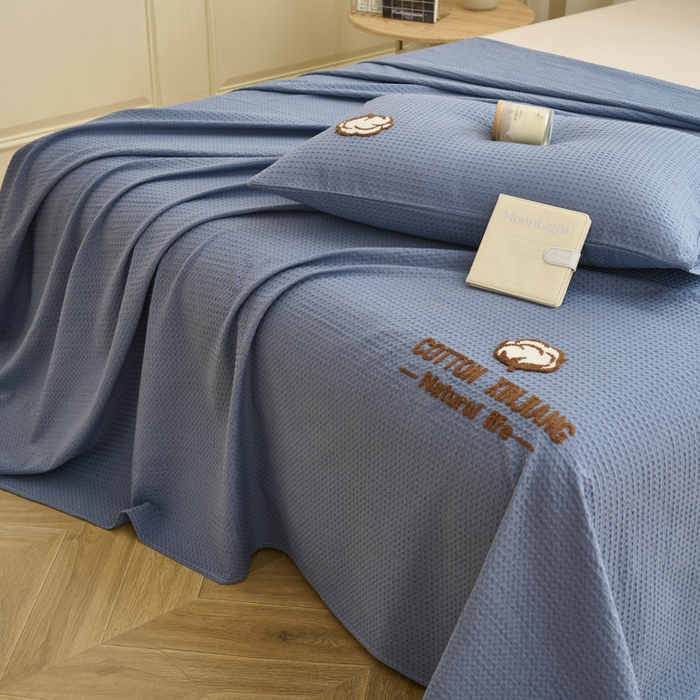 91家纺网 家纺一手货源 找家纺 早晨家纺 2025新款纯棉华夫格床单 纯棉华夫格床单-宾利蓝