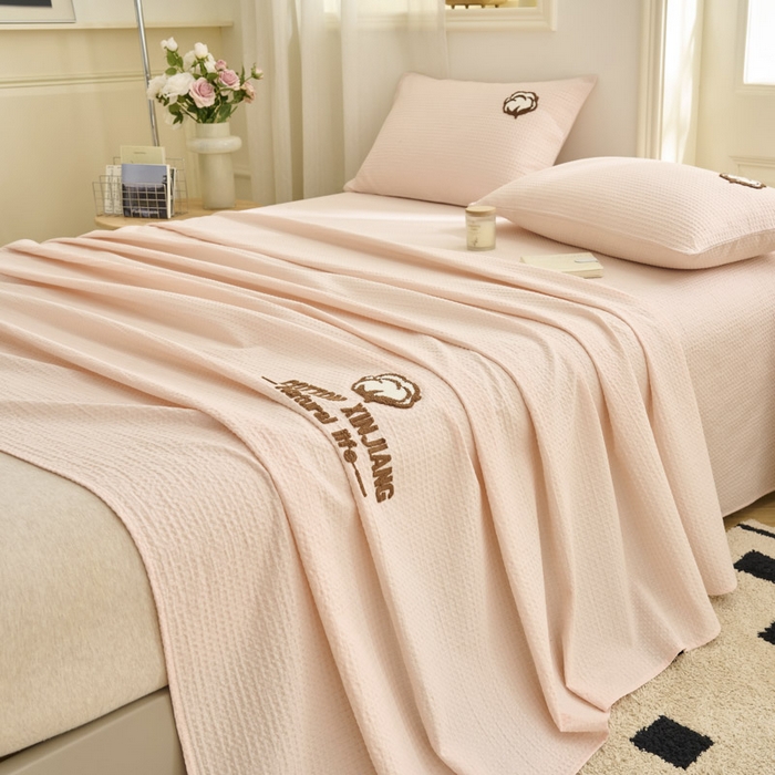 91家纺网 家纺一手货源 找家纺 早晨家纺 2025新款纯棉华夫格床单 纯棉华夫格床单-玉色