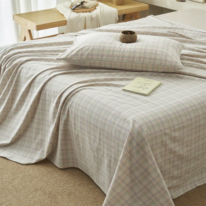 91家纺网 家纺一手货源 找家纺 早晨家纺 2025新款色织纯棉水洗棉床单 丛草集-粉