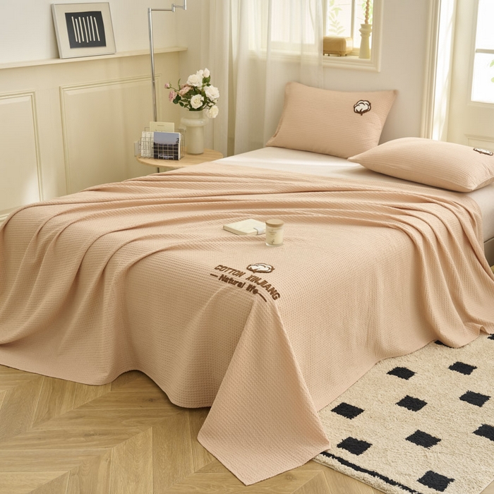 91家纺网 家纺一手货源 找家纺 早晨家纺 2025新款纯棉华夫格床单 纯棉华夫格床单-杏色