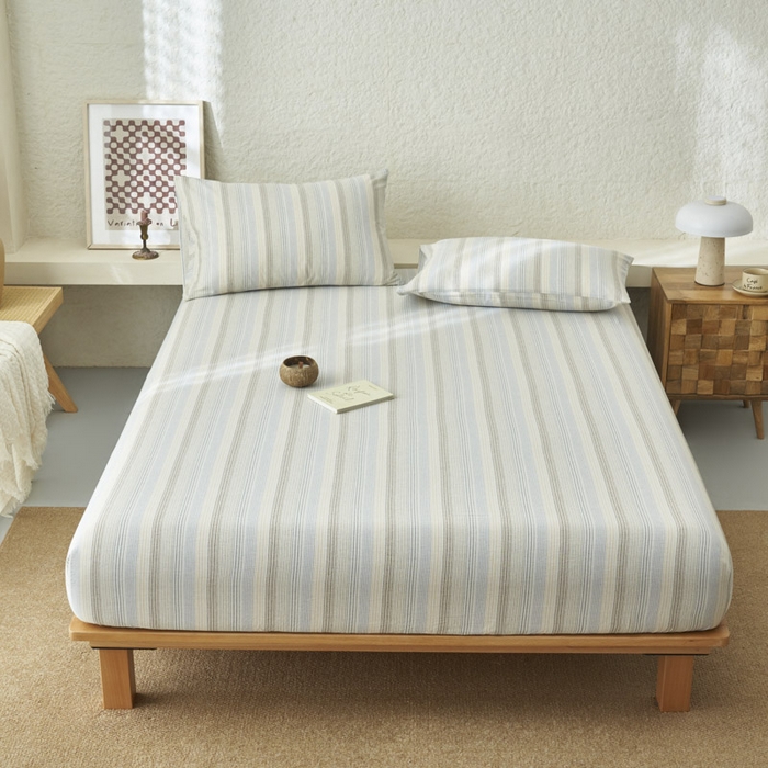 91家纺网 家纺一手货源 找家纺 早晨家纺 2025新款色织纯棉水洗棉床笠 凯西亚-蓝