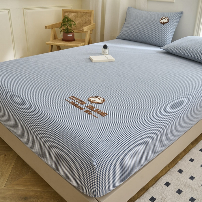 91家纺网 家纺一手货源 找家纺 早晨家纺 2025新款色织纯棉水洗棉毛巾绣床笠 星曜床笠-深蓝