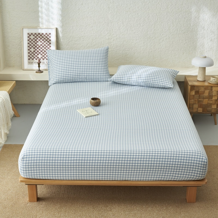 91家纺网 家纺一手货源 找家纺 早晨家纺 2025新款色织纯棉水洗棉床笠 蓝小格