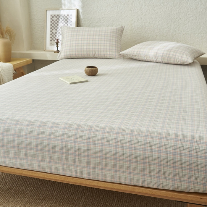 91家纺网 家纺一手货源 找家纺 早晨家纺 2025新款色织纯棉水洗棉床笠 丛草集-粉