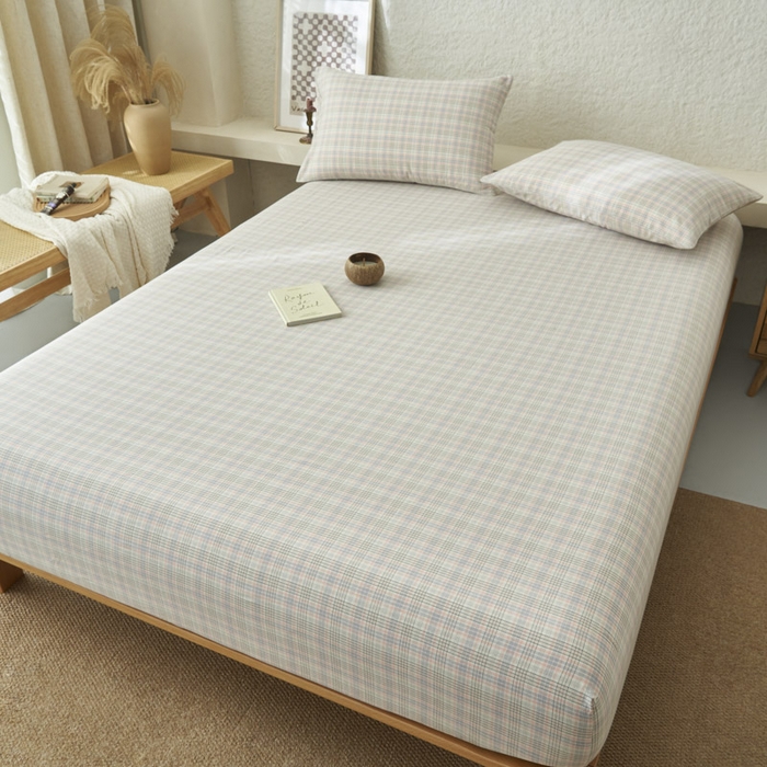 91家纺网 家纺一手货源 找家纺 早晨家纺 2025新款色织纯棉水洗棉床笠 丛草集-粉