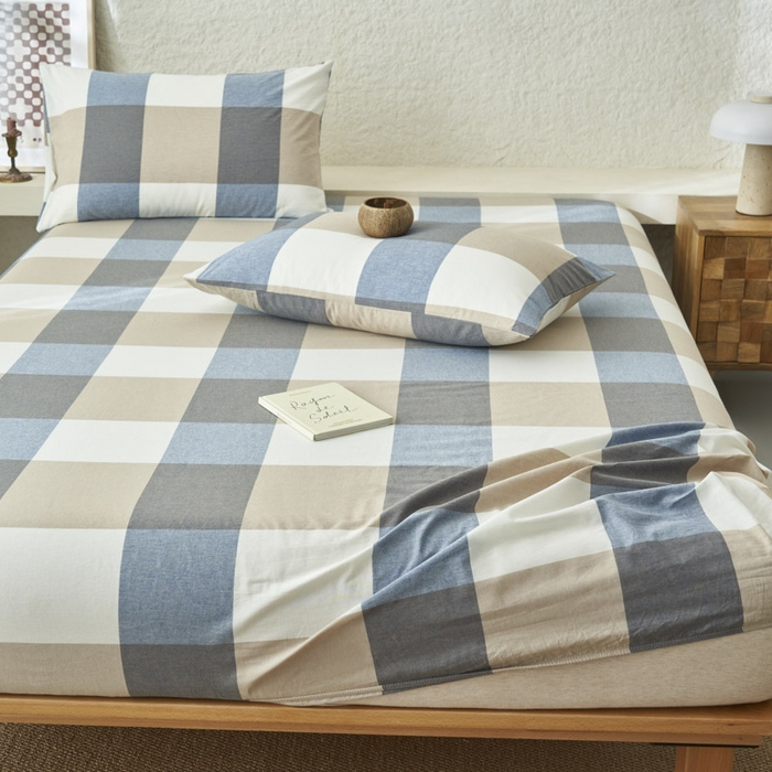 91家纺网 家纺一手货源 找家纺 早晨家纺 2025新款色织纯棉水洗棉床笠 蓝大格